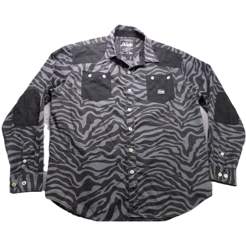 Akademks Zebra Animal Print Long Sleeves Button Shirt Cotton Men 2XL Gray Black
